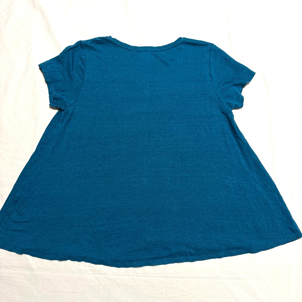 Eileen Fisher 100% Organic Linen Teal Blue Tee Round Hem Minimalist Sz L Relax